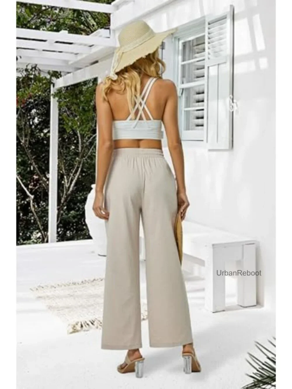 Womens Linen Wide Leg Pants High Waisted Drawstring Palazzo Lounge Pants with_5